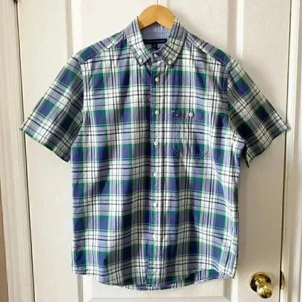 Tommy Hilfiger Mens Short Sleeve Button Down Shirt Cotton Blue Green Plaid Small - Picture 3 of 16